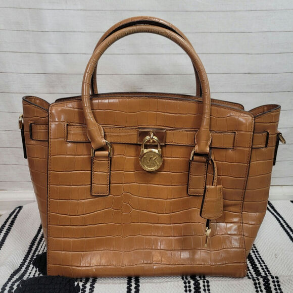 Michael Kors Hamilton Embossed-Leather Satchel in Acorn - Picture 3 of 16